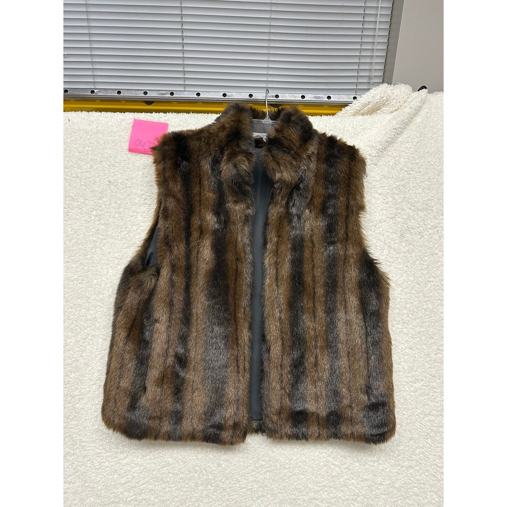 Womens Faux Fur Vest Brown Black Striped Zip Front Stand Collar Plush Lined